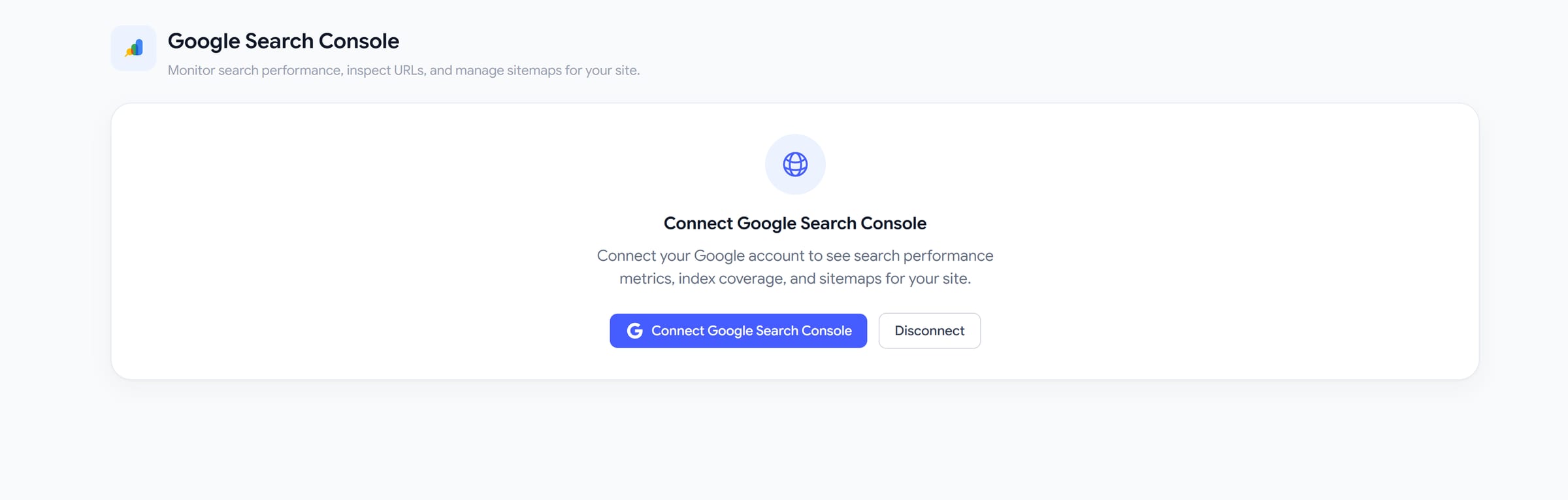 The Google Search Console connector in Rankry before the Google account is linked. The panel reads Connect Google Search Console, connect your Google account to see search performance metrics, index coverage, and sitemaps for your site, above a blue Connect Google Search Console button carrying the Google mark. This is the last step of the setup: the OAuth client is already saved, and one click sends you through Google's own consent screen.