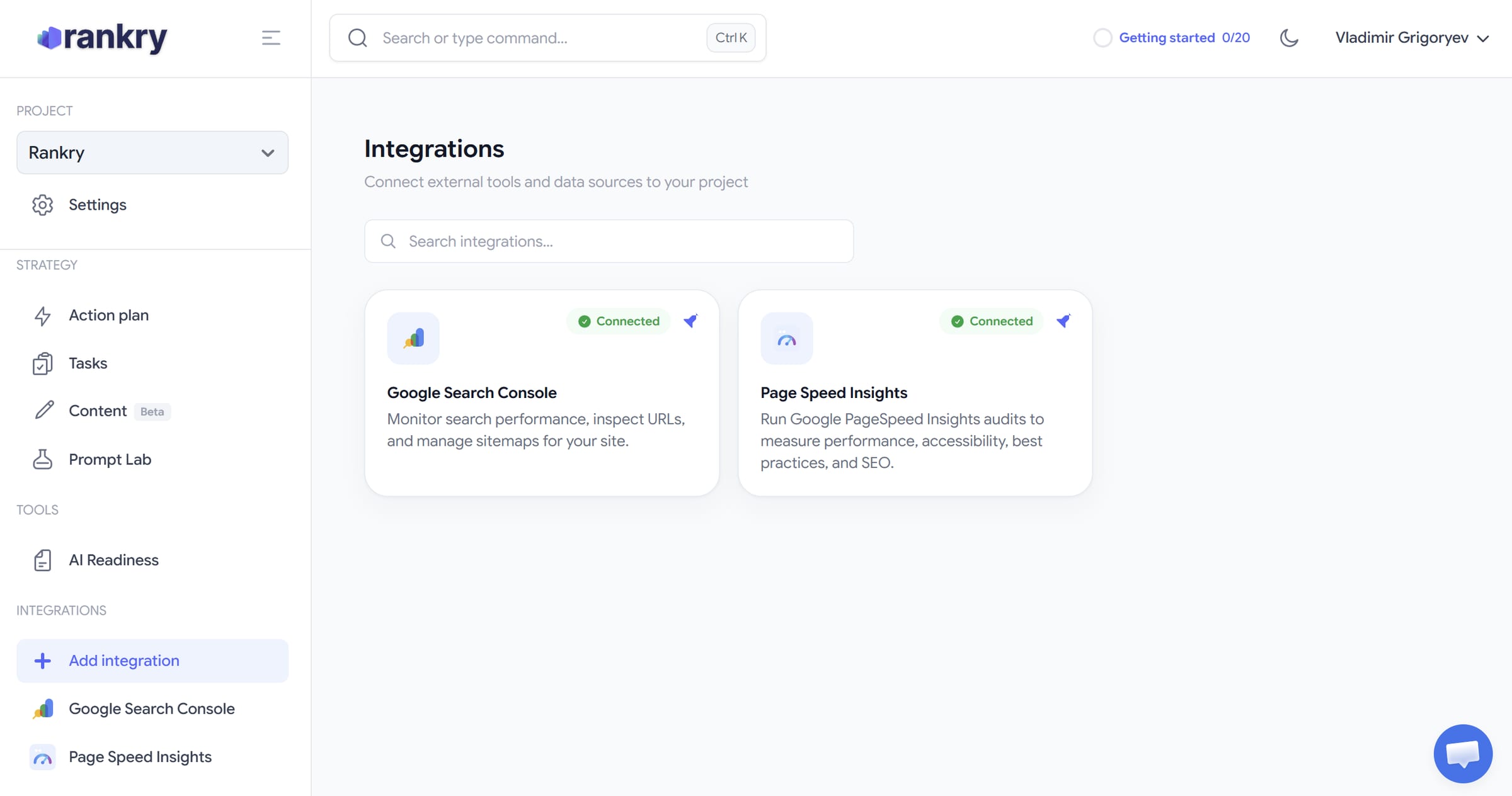 The Integrations screen in a Rankry project, listing the available connectors as cards. Google Search Console is shown with a green Connected badge and the description "Monitor search performance, inspect URLs, and manage sitemaps for your site." Page Speed Insights sits beside it, also connected, described as running Google PageSpeed Insights audits to measure performance, accessibility, best practices, and SEO. A search field sits above the cards and the left navigation shows the same two integrations listed under an Integrations heading.