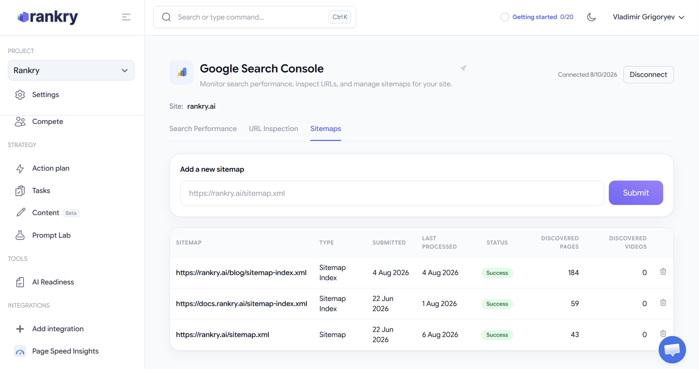 The Google Search Console integration inside Rankry, on the Sitemaps tab of a connected property. The header shows the connected site rankry.ai with a Disconnect control and the date the connection was made, and three tabs run across the panel: Search Performance, URL Inspection, and Sitemaps. A form at the top submits a new sitemap URL. Below it, a table lists three submitted sitemaps with their type, submission date, last processed date, a green Success status for each, and the number of discovered pages, 184 for the blog sitemap index, 59 for the documentation sitemap index, and 43 for the main site sitemap.