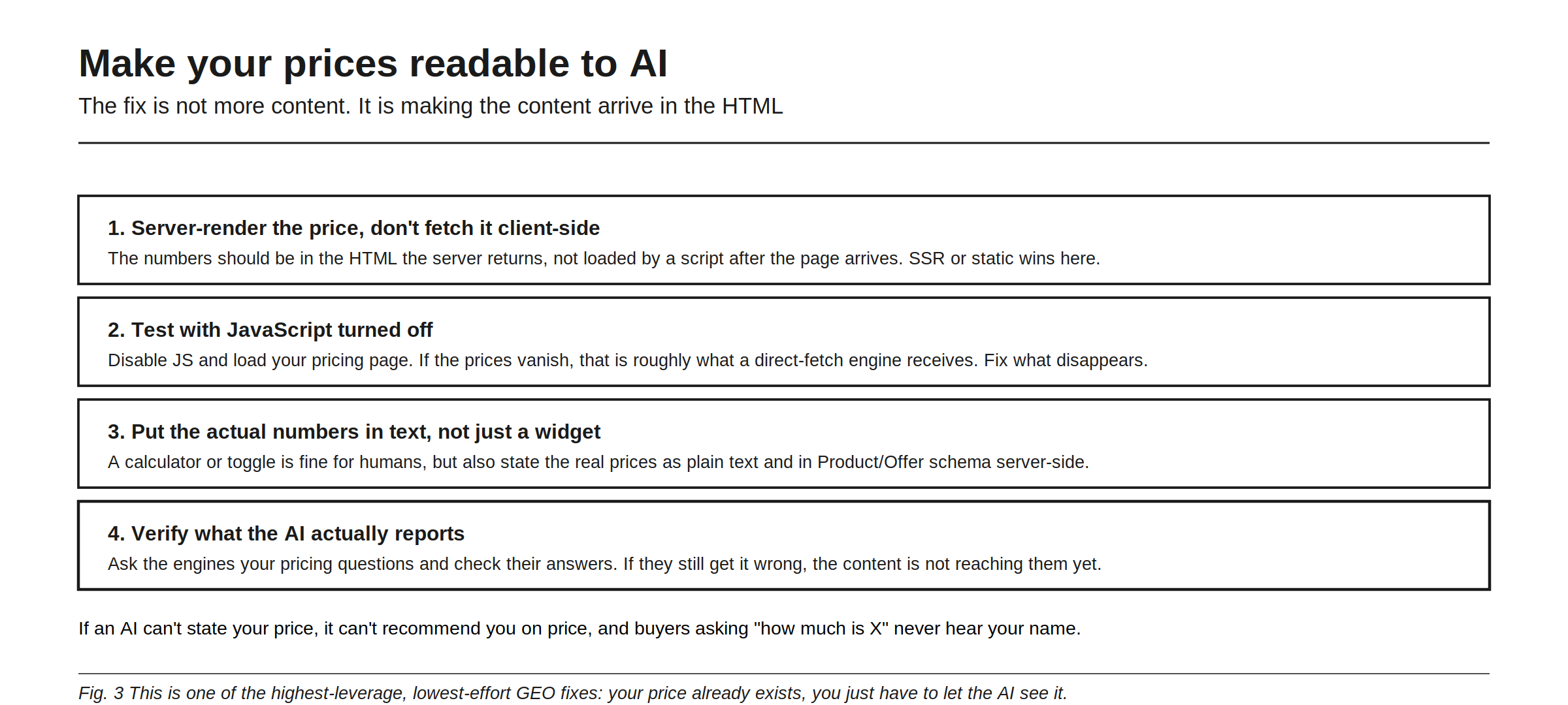 How to make your prices readable to AI, where the fix is not more content but making the content arrive in the HTML. First, server-render the price rather than fetching it client-side, so the numbers are in the HTML the server returns. Second, test with JavaScript turned off, because whatever vanishes is roughly what a direct-fetch engine receives. Third, put the actual numbers in text rather than only in a widget, stating real prices in plain text and in Product and Offer schema server-side. Fourth, verify what the AI actually reports by asking the engines your pricing questions. If an AI cannot state your price, it cannot recommend you on price, and buyers asking how much something costs never hear your name.